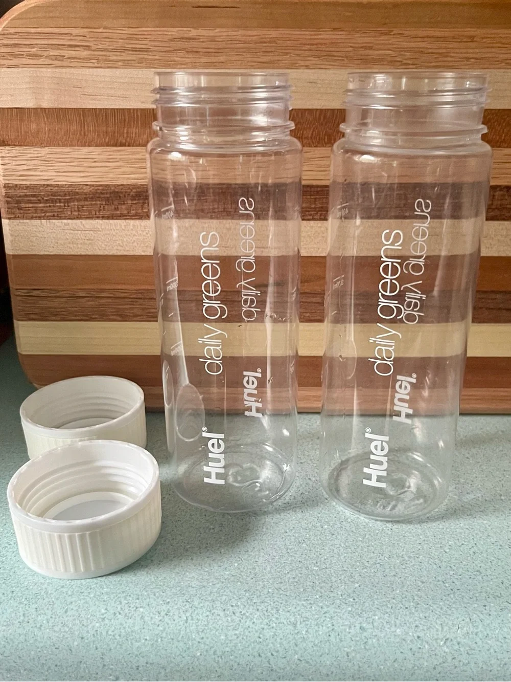 2 Huel Daily Greens Bottles BPA Free Clear with White Lid Dishwasher Safe 13.5oz